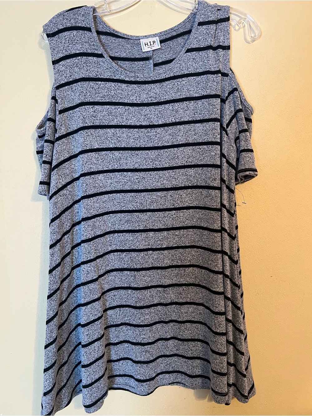 H.I.P. Women's Gray Striped Cold-Shoulder Top